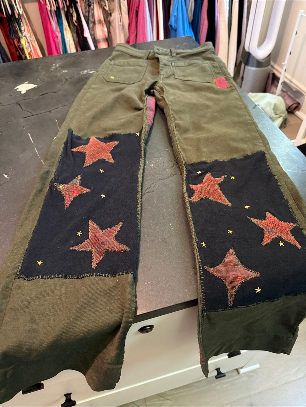Olive Green Star Patchwork Wide-Leg Pants